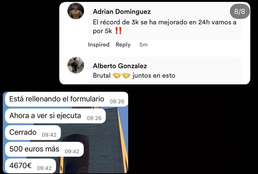 Adrian Domínguez: el récord de 3k se ha mejorado en 24 horas, vamos a por 5k. Chat: cerrado, 500 euros más, 4670 euros