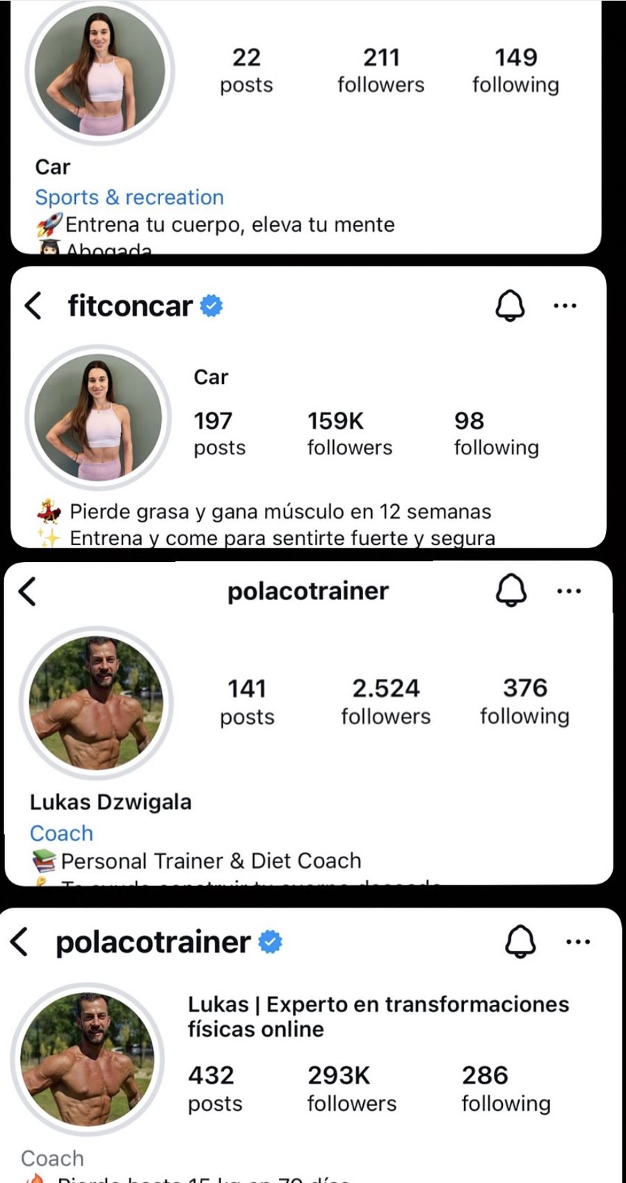 Perfiles de Instagram antes y después: fitconcar de 211 a 159 mil seguidores; polacotrainer de 2.524 a 293 mil